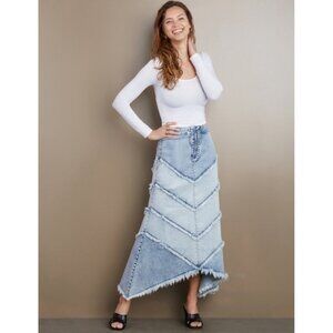Wash Lab Chevron Maxi Skirt Size 29 Women's Denim Raw Frayed Edges‎ Asymmetrical
